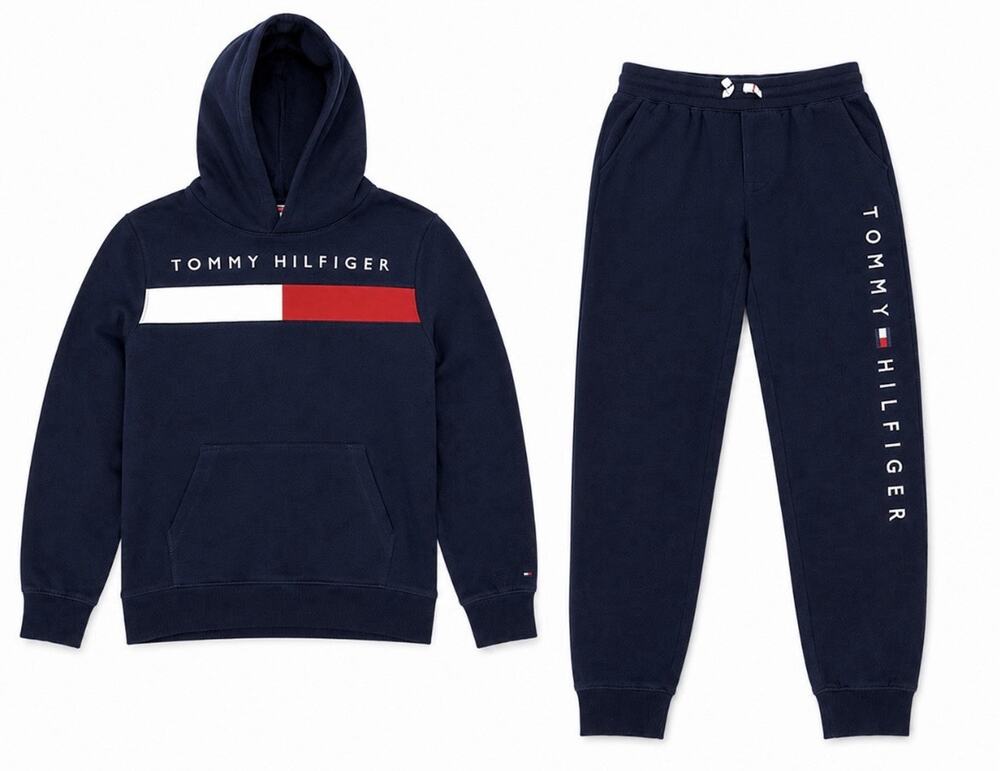 Tommy Hilfiger Youth Hoodie Jogger Set Navy Blue Logo Fleece Tracksuit Size L/M